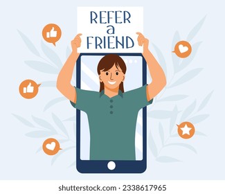Refer a friend marketing concept. The person on the phone invites to the referral program. Social communication, social media marketing for friends. Landing page template. Vector.