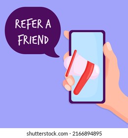 Refer a friend marketing design badges with loudspeaker. Advertising concept. Vector illustration isolated on white background.