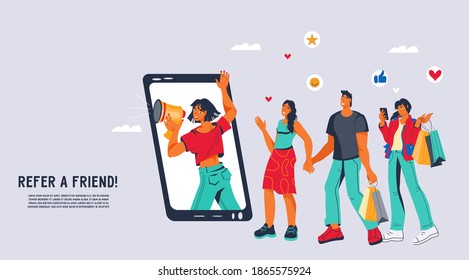 Refer a friend marketing promotion program website banner layout with cartoon characters, flat vector illustration. Landing web page or site interface for referral program and affiliate partnership.