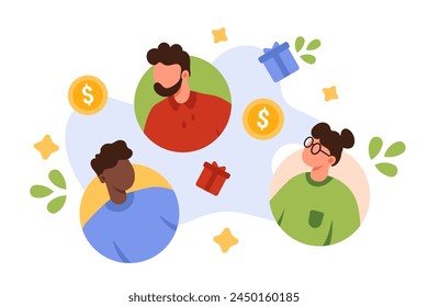 Refer friend, marketing referral program. Round profiles of users in social media, people earn money, reward bonuses and gifts online, recommend product or service cartoon vector illustration