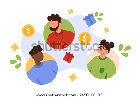 Refer friend, marketing referral program. Round profiles of users in social media, people earn money, reward bonuses and gifts online, recommend product or service cartoon vector illustration