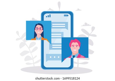 Refer a friend mobile app, refer each other in social media with a businessman and businesswoman on speech bubbles in smartphone. Vector illustration for web banner, infographics, mobile. 