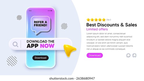 Refer friend mobile phone banner. App chat speech bubble. Refer a friend tag. Referral program sign. Advertising reference symbol. Phone template with search bar. Download the app now. Vector