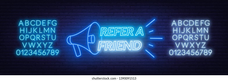 Refer a friend neon sign on brick wall background. Template for the design of the referral program.