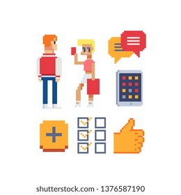 Refer a friend pixel art 8-bit icon set, partnership programs, business consultant, message, design for logo, app, web, sticker. Isolated 80s abstract vector illustration