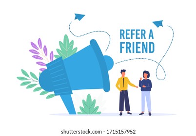 Refer A Friend Poster With Megaphone Man And Woman. Vector Referal Marketing Business Concept. Friend Share Recommendation Banner. Referring Advertising Offer. Refer Friend Online Recommended.