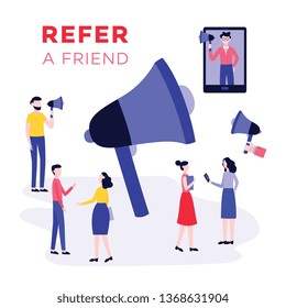 Refer a friend program, cartoon character sharing a link via technology and megaphone with team of young people, business marketing banner. Vector illustration on white background.