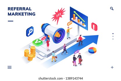 Refer a friend program isometric sign. Referral marketing advertising banner or advertisement flyer. Business network and affiliate. People near megaphone and at arrows. Invitation, recommend network