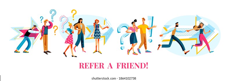 Refer friend program set. Question and business referral vector illustration. People thinking, communication and discussion icons, asking for job, friends recommending person.
