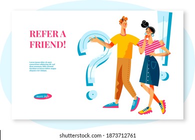 Consulte la plantilla de página web del programa de amigos, hombre recomendando a la mujer. Ilustración vectorial de referencia empresarial. La gente piensa, pide trabajo, un amigo recomienda a la persona y camina. Signo de signo de interrogación.