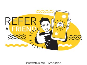 Refer a friend promo - referral program creative yellow banner template - happy man holding phone and shows to his friends (people icons, avatars) - vector illustration with purple background