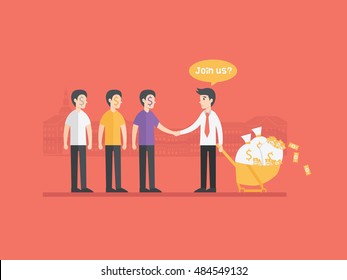 Refer A Friend Referral Cartoon Concept Illustration. Business Man Character