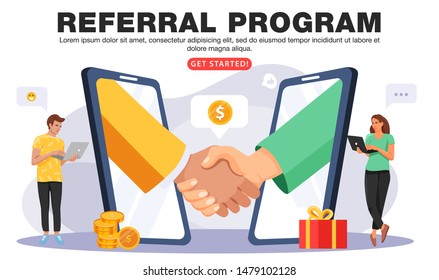 Refer a friend or Referral marketing concept. Business people shaking hands in big smartphone. People share info about referral program. Social media marketing for friends. Vector.