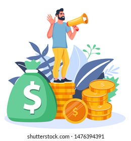 Refer a friend or Referral marketing illustration. Man with a megaphone invites his friends to referral program. Social communication, loyalty program, social media marketing for friends. Vector.