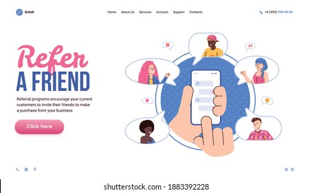 Refer a friend referral marketing web banner template with cartoon avatars of people, flat vector illustration. Referral program promotion page for website or app.