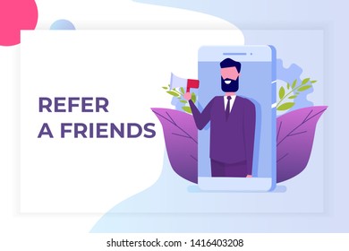 Refer a friend, Referral network marketing.   Recommend to  friend. Share referral code  Man shout on megaphone. Vector illustration.