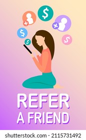Refer a friend. Referral Program. Bonus reward. Girl using smartphone. Social media. Young woman holding smartphone in hands. Button icons flying out of mobile phone. Refer and earn