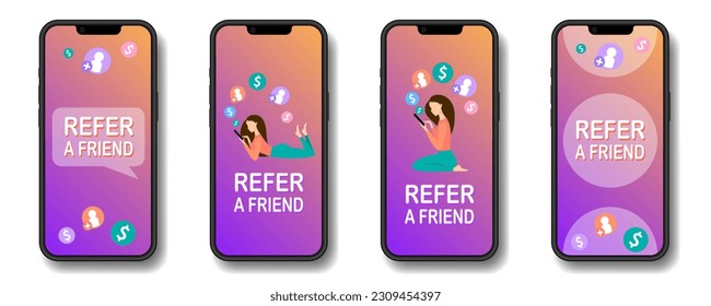 Refer a friend. Referral Program. Bonus reward. Girl using smartphone. Social media. Young woman holding smartphone in hands. Button icons flying out of mobile phone. Refer and earn