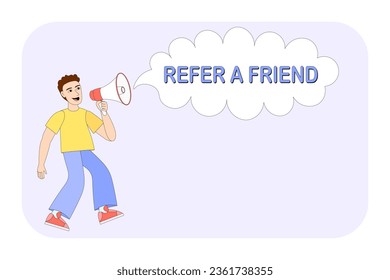 Refer a friend. Referral Program. Bonus reward. Young man holding megaphone. Boy speaking and shouting. Loudspeaker. Social media. Refer and earn