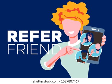 Refer a friend - referral program concept. Woman manager holding smartphone and shows to her friends (people icon, avatar). Character invites acquaintances to marketing promotion, sharing refer code