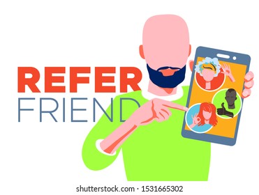 Refer a friend - referral program concept. Bearded bald man holding smartphone and shows to his friends people as icon, avatar. Character invites acquaintances to marketing promo, sharing refer code