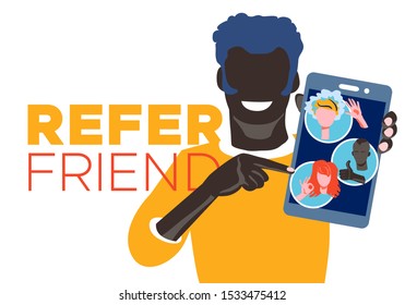Refer a friend - referral program concept. Black man manager holding smartphone and shows to his friends people as icon, avatar. Character invites acquaintances to marketing promo, sharing refer code