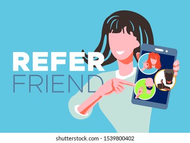 Refer a friend - referral program concept. Woman manager holding smartphone and shows to her friends people as icon, avatar. Character invites acquaintances to marketing promotion, sharing refer code