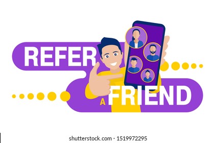 Refer a friend - referral program creative banner template - happy man holding phone and shows to his friends (people icons, avatars) - vector illustration with bright wavy background