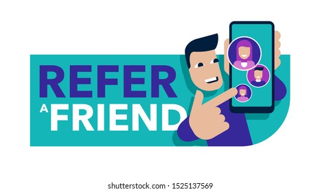 Refiérase a un amigo - programa de referencia banner creativo - abstracto joven simplificado sostener el teléfono y muestra a sus amigos (iconos de la gente, avatares) - ilustración vectorial con fondo poligonal