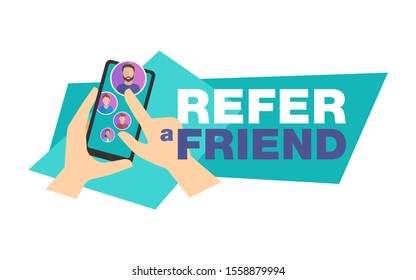 Refer a friend - referral program creative banner - hands holding phone and shows friends group (people icons, avatars) with index finger  - vector illustration with polygonal background