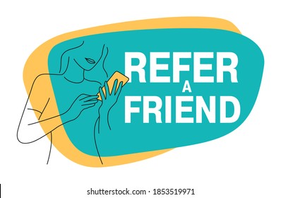 Refer a friend - referral program creative banner - cute young girl in thin outline shape hold phone and referring her friends (people icons, avatars) - vector illustration