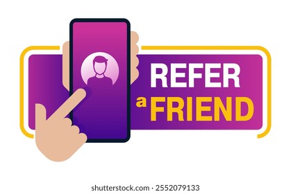 Indique um amigo - programa de referência banner criativo em estilo geométrico. Mão mostrando seu amigo na tela do telefone - ilustração vetorial