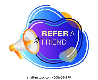 Refiérase a un amigo. Etiquetas del programa de referencia con altavoz. Sugerencia y recomendación negocio amigable con los vectores tienda organizador de panfletos de los vendedores de los discursos de los vendedores con megáfono
