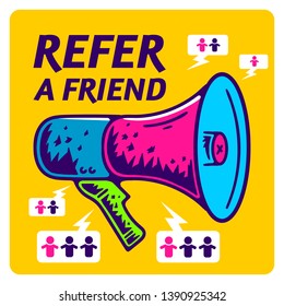 Refer a Friend. Referral Program. Loudspeaker Vapor Wave, Retro wave, Synthpop Style. Megaphone Icon. Colorful Loudspeaker on yellow background isolated. Stock Vector Illustration. Cartoon style.  