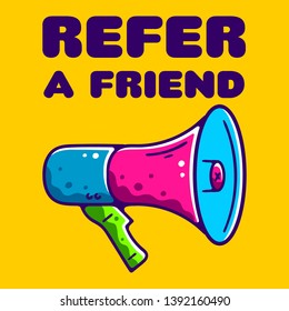 Refer a Friend. Referral Program. Loudspeaker Vapor Wave, Retro wave, Synthpop Style. Megaphone Icon. Colorful Loudspeaker on yellow background isolated. Stock Vector Illustration. Cartoon style.  