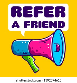 Refer a Friend. Referral Program. Loudspeaker Vapor Wave, Retro wave, Synthpop Style. Megaphone Icon. Colorful Loudspeaker on yellow background isolated. Stock Vector Illustration. Cartoon style.  