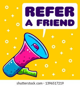 Refer a Friend. Referral Program. Loudspeaker Vapor Wave, Retro wave, Synthpop Style. Megaphone Icon. Colorful Loudspeaker on yellow background isolated. Stock Vector Illustration. Cartoon style.  