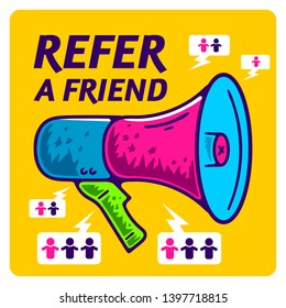 Refer a Friend. Referral Program. Loudspeaker Vapor Wave, Retro wave, Synthpop Style. Megaphone Icon. Colorful Loudspeaker on yellow background isolated. Stock Vector Illustration. Cartoon style.  