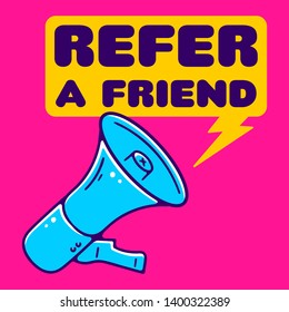 Refer a Friend. Referral Program. Loudspeaker Vapor Wave, Retro wave, Synthpop Style. Megaphone Icon. Colorful Loudspeaker on Pink background isolated. Stock Vector Illustration. Cartoon style.  