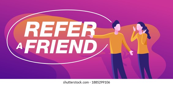 Refer a friend referral program promotion banner - decorative frame bubble for slogan and two interested people - vector purple poster