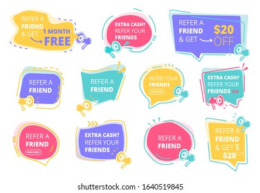 Refer a friend. Referral program promotional stickers vector colored badges design template