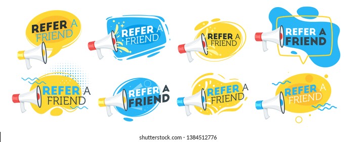 Refer a friend set of marketing design badges with loudspeaker. Advertising concept. Vector illustration isolated on white background. - Shutterstock ID 1384512776