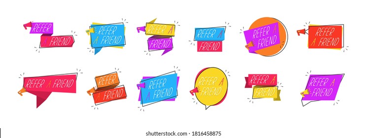 Refer a friend set of marketing design badges with loudspeaker. Refer a friend icons isolated on white background. Referral program marketing badges with megaphone. Vector illustration, eps 10.