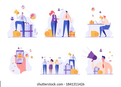 Refer a friend set. People with shout and invites friends. Concept of referral program, inviting, business partnership, smm. Vector illustration in flat design for UI, banner, landing page