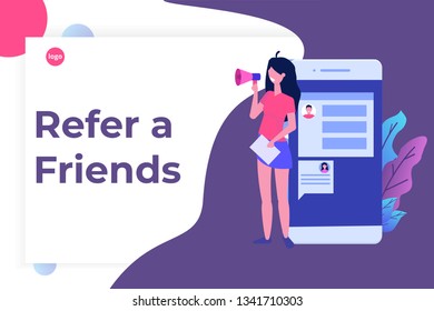  Refer a friend, shout on megaphone, flat style concept. Sharing Referral Code. Vector illustration 