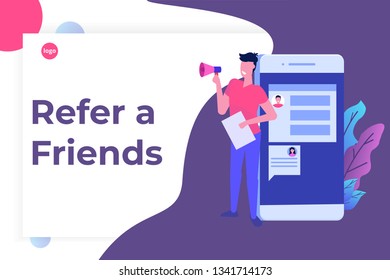  Refer a friend, shout on megaphone, flat style concept. Sharing Referral Code. Vector illustration 
