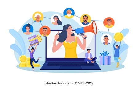 Refer a friend. Social media marketing, referral program. People share information with affiliate referrals and making money. Woman tell her friends about action and all benefited. Vector design