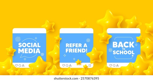 Refer friend social media post. Back to school template. Refer a friend tag. Referral program sign. Advertising reference symbol. Like, comment and share icons. Vector