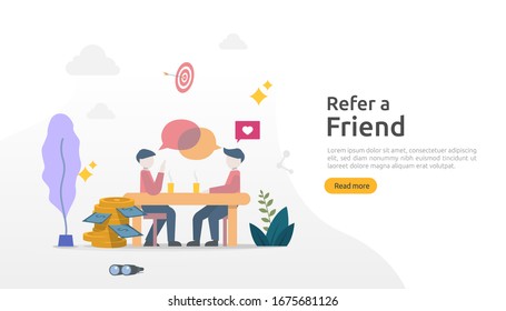 refer a friend strategy and affiliate marketing concept . people character sharing referral business partnership and earn money. template for web landing page, banner, poster, print media