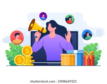 Refer a friend strategy concept flat illustration vector template, Woman with megaphone on laptop screen, Referral program, Affiliate marketing, Influencer marketing